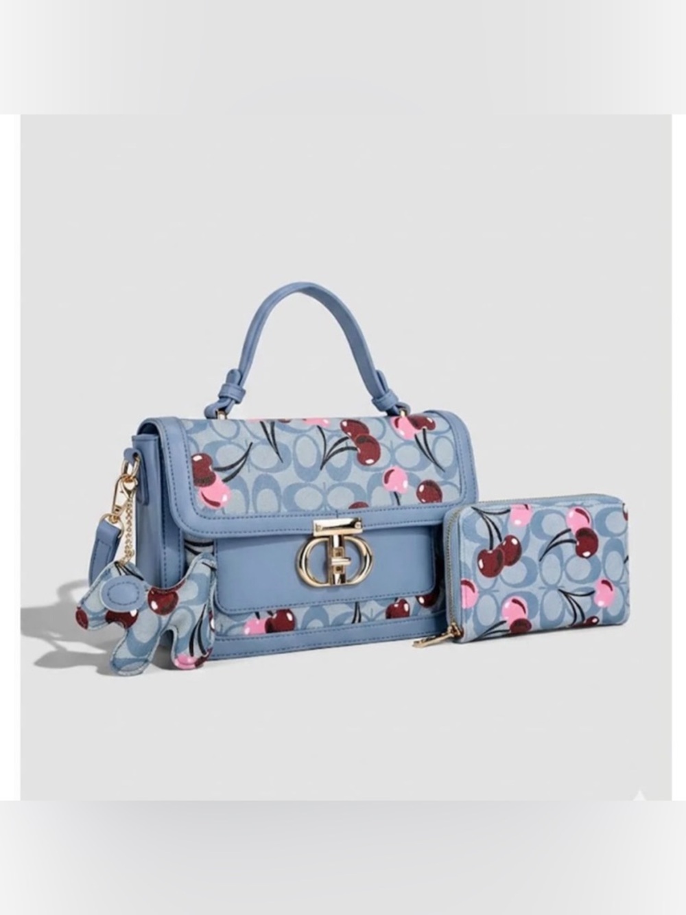 NWT Blue/Tan Cherry Monogram Handbag w/Crossbody Strap and Wallet & Dog Charm
